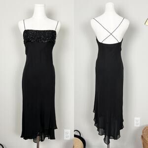 y2k 90s vintage black silk beaded minimalist whimsigoth vampy bias midi dress